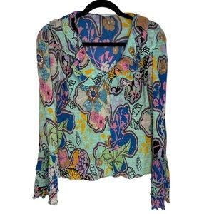 Art To Wear Rouched Long sleeve Button Front Alberto Makali Floral Blouse Size S